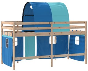 kék tömör fenyőfa gyerek galériaágy alagúttal 90 x 190 cm