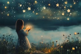 Vászonkép Canvas Lány Gyermek Éjszaka Ég Csillagok Álom 120x80