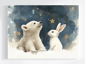 Vászonkép Canvas Tél Hó Éjszaka Ég Csillagok Mackó Nyúl Mese 100x75