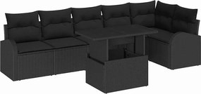 vidaXL Kerti Kanapé Szett tárolóval párnával 7 pcs Fekete polirattan