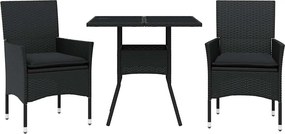 vidaXL 3 részes fekete polyrattan/üveg kerti étkezőgarnitúra párnákkal