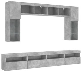 8 darabos betonszürke fali TV-szekrény szett LED-del