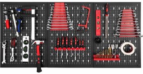 Fém, fali szerszámtartó panel kampókkal és tárolókkal
