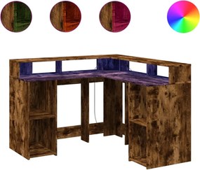 vidaXL füstös tölgy színű szerelt fa íróasztal LED-ekkel 130x130x91 cm