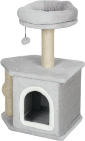 PawHut 66 cm magas macska kaparófa macska fával, bújócéllal, platformmal, függő gömbbel és juta poszttal - Világosszürke | Aosom