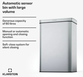 Klarstein Touchless, szenzoros szemétkosár, 60 l, rozsdamentes acélból, Soft-Close záródás, elemmel működő, LED kijelző, időzítő