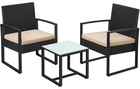 Kerti bútor garnitúra, 1 asztal és 2 db szék, fekete és bézs