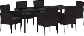 vidaXL Kert étkező szett párnával 7 pcs Fekete polirattan