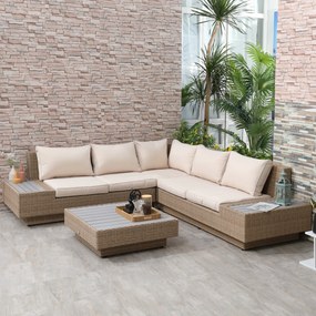 Outsunny 5 fős sarok kerti lounge szett modern dizájnnal, vastag párnák, dohányzóasztal, fonott gyanta és fém, bézs | Aosom