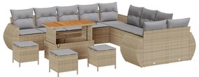 14 darabos kerti kanapé szett párnákkal, bézs, poli rattan, akác, 4 darabos kerti étkező szett párnákkal, bézs, poli rattan, akác