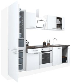 Yorki 270 konyhablokk fehér korpusz,selyemfényű fehér front alsó sütős elemmel alulfagyasztós hűtős szekrénnyel