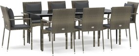 vidaXL 9 részes fekete és szürke polyrattan kerti étkezőszett párnával