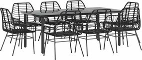 vidaXL 9 részes fekete polyrattan üveg kerti étkezőgarnitúra