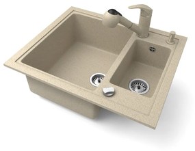 Gránit mosogató NERO Arriva + Kihúzható zuhanyfejes Shower csaptelep + adagoló + dugókiemelő (bézs)