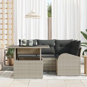5 részes Kerti kanapékészlet párnákkal világosszürke poli rattan, 2 személyes kerti kanapé tárolóval és párnákkal világosszürke poli rattan