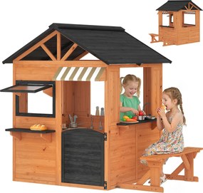 AIYAPLAY kültéri fenyő játszóház konyhával, paddal, pulttal, ablakokkal és csappal — barna, 171,5 x 146 x 156 cm | Aosom