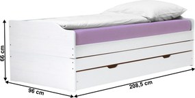 Ágy kihúzható pótágyakkal, fehér, tömörfa, 90x200, FLOPY