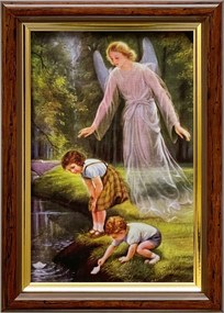 Vászonkép 18x13 Őrangyal Angyal Barna Arany Díszített Fa Keret