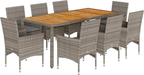 vidaXL 9részes szürke polyrattan/akácfa kerti étkezőgarnitúra párnával