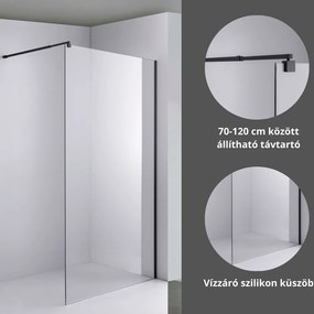 Stuxi Milano Black Walk-in zuhanyfal, 90x200 cm, 8 mm vastag vízlepergető biztonsági üveggel, 200 cm magas, fekete profillal és távtartóval