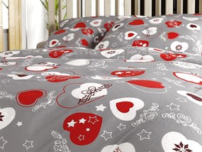 CHRISTMAS HEART mintás mikroplüss ágyneműhuzat szett szürke + mikroplüss lepedő SOFT 180x200 cm fehér, kétszemélyes ágyhoz