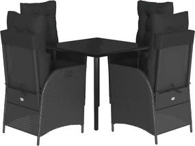 vidaXL 5 részes fekete polyrattan kerti étkezőgarnitúra párnákkal