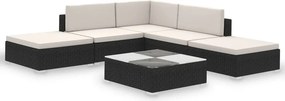 vidaXL 6-részes fekete polyrattan kerti bútorszett párnákkal