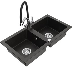 Mexen Mario 2 kamrás gránit mosogató csapteleppel Duo, fekete/arany metál - 6504-75-671701-07