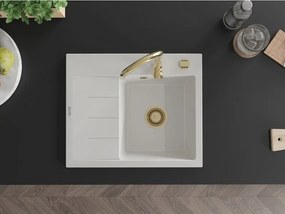 Mexen Ben gránit mosogató egy tálcás lecsöpögtetővel, jobb oldali 600 x 500 mm, fehér, arany szifonnal - 6523605000-20-G