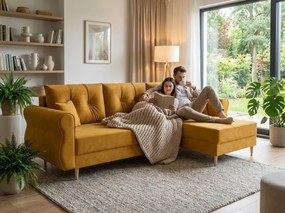 Ágyazható, kétoldalas L-alakú ülőgarnitúra SILVIANO 230x140 cm, mustár színű