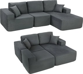 HOMCOM sarokkanapé ággyá alakítható, L-alakú, 267 cm, mély ülőfelület, 3 személyes, 2 az 1-ben, kordbársony — sötétszürke | Aosom