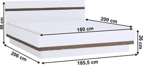 Ágy 180, fehér extra magas fényű HG/sonoma tölgy sötét trufla, LYNATET TYP 93