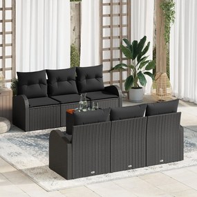 7 darabos Kertheverő szett párnákkal, fekete poli rattan, akáciából, 2 személyes Kertheverő tárolóval és párnákkal, fekete poli rattan