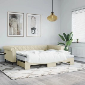 krémszínű kihúzható műbőr heverő matraccal 90 x 200 cm