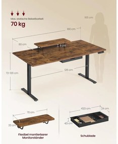 Magasságállítható íróasztal, 160 x 80 cm, vintage barna