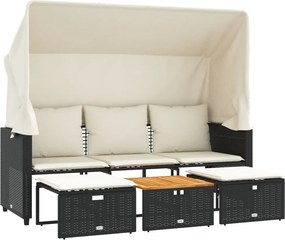 vidaXL 3 személyes fekete polyrattan kerti kanapé baldachinnal/székkel