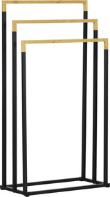 kleankin Szabadonálló Törölközőtartó, Törölköző Állvány 3 Törölközőrúddal, Kád és Fürdőszoba Törölköző Rack Acél Bambusz Fekete | Aosom