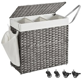 Kézzel fonott rattan stílusú szennyeskosár 3 rekesszel 140L, szürke