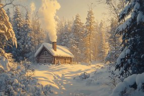 Vászonkép Canvas Tájkép Tél Hó Hófúvás Erdő Ház Kunyhó Nap 120x80