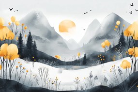 Fotótapéta Flizelina Gyerekek Hegyek Fák Tó Virágok Nap 104x70,5 ragasztó