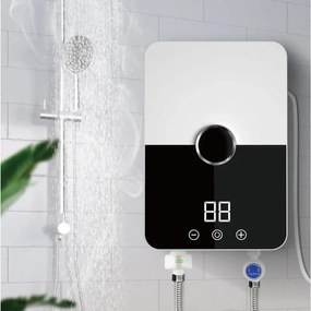 Elektromos, LED kijelzős, átfolyós vízmelegítő, fürdőszobai vagy konyhai bekötésre, zuhanyfejjel és gégecsővel, függőleges bekötéssel, falra szerelhet...