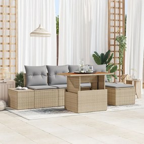 6 Darabos Kert Étkező Szett Párnákkal Bézs Poli Rattan Akác