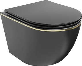 Mexen Lena Rimless WC csésze lassan csukódó, vékony duroplast üléssel, fekete matt/arany vonal - 30224075