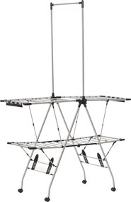 HOMCOM Ruhaszárító Állvány 1.385 m Szárító Hosszúsággal, Hordozható Ruhaszárító Állvány Telepített Rúdakkal, Kerekekkel és Fékkel, Szárító Szárnyas Ru