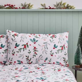 Fehér-zöld egyszemélyes flanel ágyneműhuzat 135x200 cm Holly and Mistletoe – Catherine Lansfield