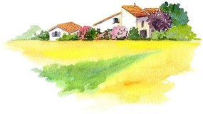 Illusztráció Rural house and yellow field in, zzorik, (40 x 24.6 cm)