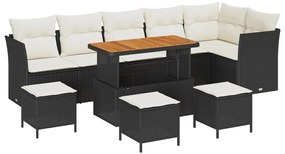 10 Darabos Kertiszófa Szett Párnákkal Fekete Poli Rattan Akáciával, 4 Darabos Kerti Étkező Szett Párnákkal Fekete Poli Rattan Akáciával