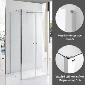 Stuxi Roma 70x70 falsíkra szerelhető 3 oldalú kétszárnyú nyílóajtós zuhanykabin 6 mm vízlepergető biztonsági üveggel, króm elemekkel, 195 cm magas