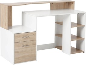 HOMCOM Számítógép Asztal 137x55x92 cm Irodai Asztal 3 Polccal, 2 Fiókkal és Nyomtatóállvánnyal Otthoni Irodához és Tanulószobához Tölgy és Fehér | Aos
