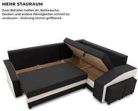 Grande sarokkanapé polcokkal és puffokkal , polc a bal karfaban puffok a jobb karfaban, jobboldali, szövet anyag, bonell töltet, fekete - fehér